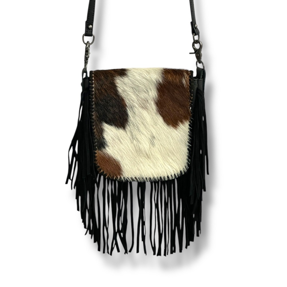 Montana West Cowhide Fringe Crossbody Bag Black Leather Western Skull Buckle